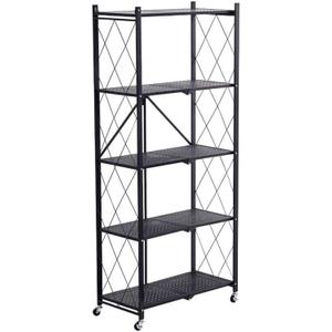 Storage Shelves, Closet Organizers and Storage 5-Shelf Foldable Metal Shelving Units 28" W x 14" D x 65" H for Garage Kitchen Bakers, Collapsible Organizer Rack, Heavy Duty on Wheels (5 SHELF)