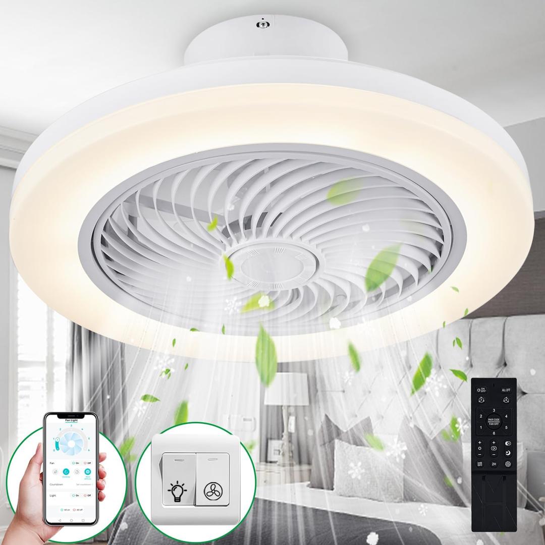 LANFU Ceiling Fan with Lights, 3 Colors Dimmable LED 6 Speeds 3 Blades Enclose Ceiling Fans, APP & Remote Control for Adult Kids Living Room Bedroom White