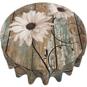 Giwawa Rustic Daisy Tablecloth Round 60 Inch Vintage Sunflowers on Wooden Board Circular Table Cover Shabby Chic Flower Barnwood Table Cloth Washable for Dining Kitchen Parties Cabin Farmhouse Decor