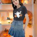 Halloween Shirts Pumpkin Shirt Women: Cute Ghost Shirt Casual Fall Halloween Spooky Season Graphic Short Sleeve Tee Tops (Large, Gray)