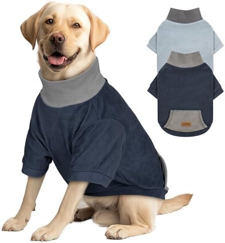 cyeollo 2 Pack 3XL Dog Sweaters for Large Dogs, Strechy Soft Fleece Sweatshirt for Dogs Boy Girl Turtleneck Warm Winter Big Dog Clothes with Sleeves, Navy & Light Blue XXXL