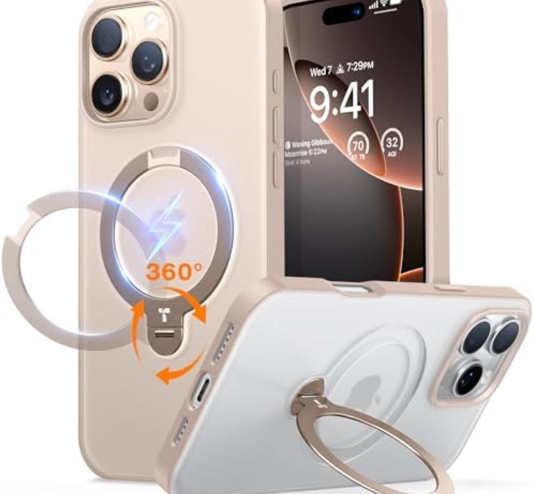 TORRAS 360 Spin Magnetic Stand for iPhone 16 Case, Fit for MagSafe, Military Grade Protective Ostand Case for 16  Phone Case with Stand Rotatable, Desert Pink 6.9 inch