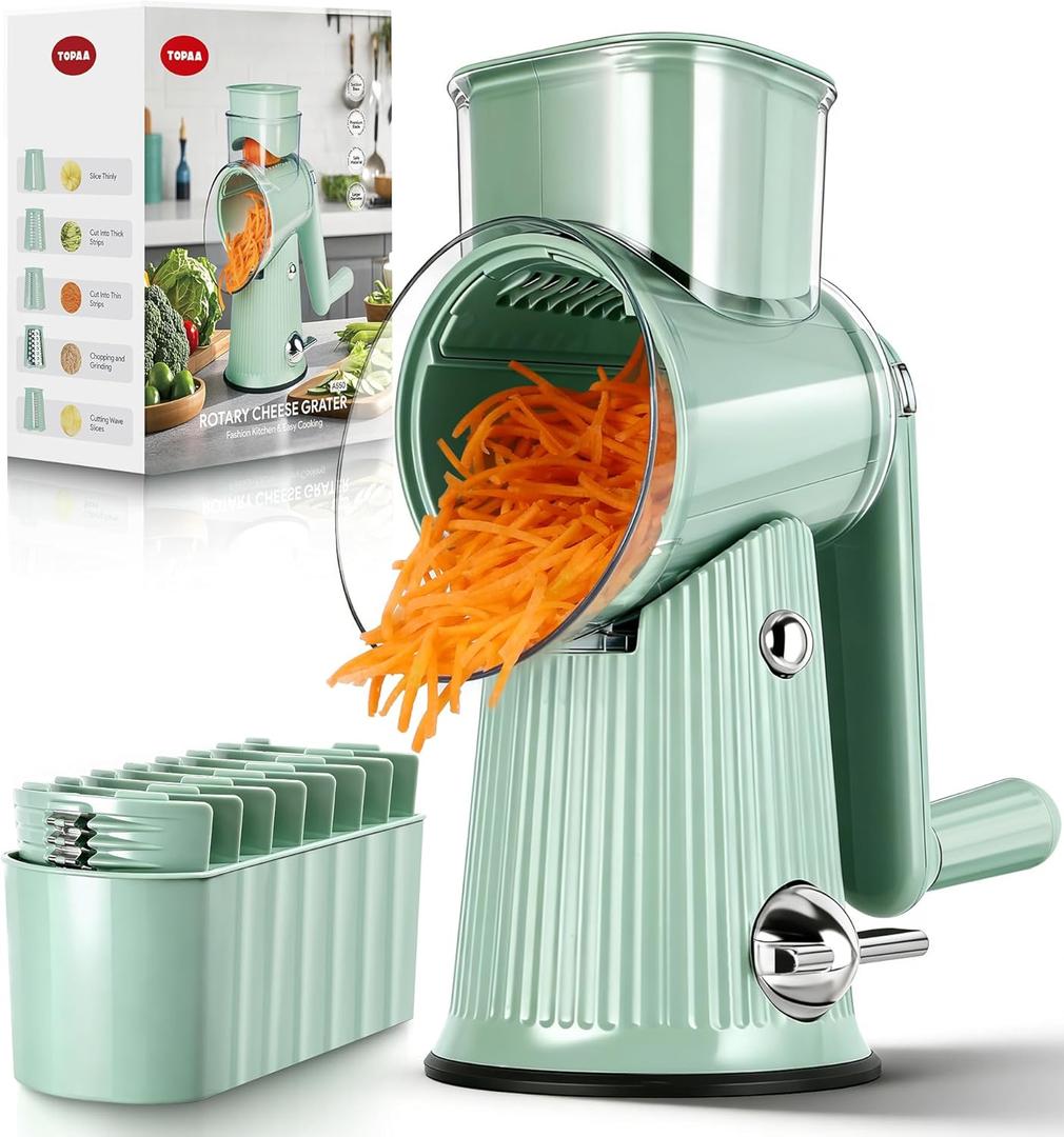 Rotary Cheese Grater with Handle - Vegetable Shredder with 5 Blades & Strong Suction Base, Round Slicer & Food Chopper for Kitchen (Green)