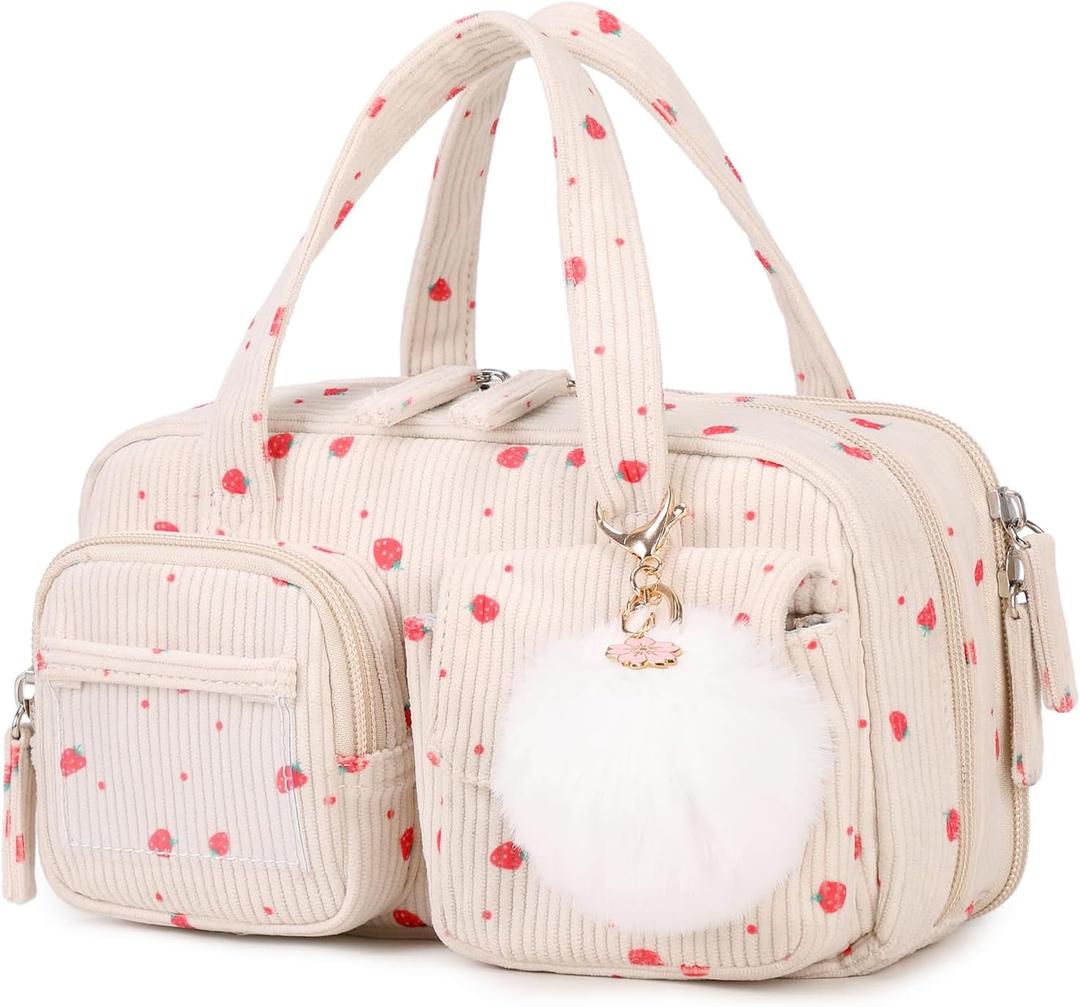 Pencil Case for Kids Girls Makeup Bag Women Cute Corduroy Pencil Bag with 5 Compartments Pencil Pouch Organizer Aesthetic School Supplies, Beige Strawberry