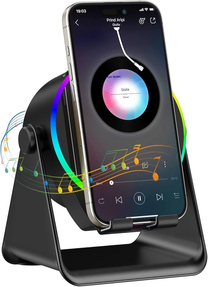 TARKARI Wireless Induction Speaker, 5 in 1 Bluetooth Speaker, 360° Rotation Cell Phone Stand with Ambient Light Compatible with iPhone iPad Android Tablet, Birthday Gifts for Women Men Him