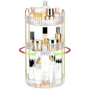 360 Rotating Makeup Organizer, 3 Tier Large Capacity Lazy Susan Bathroom Counter Organizer, Skincare Organizers, Spinning Perfume Organizer & Vanity Organizer Countertop (Golden Clear, 3 Tier)