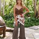 TARSE Womens Linen Casual Pants Flared Leg Wide Leg Drawstring Ruffle Harem Palazzo Pants with Pockets (Brown, XL)