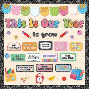 2 x This is Our Year Bulletin Board Set Inspirational Composition Notebook Classroom Decor, Growth Positive Affirmations Notebook Happy Face Cutouts for Back to School Classroom Wall Chalkboard Supplies