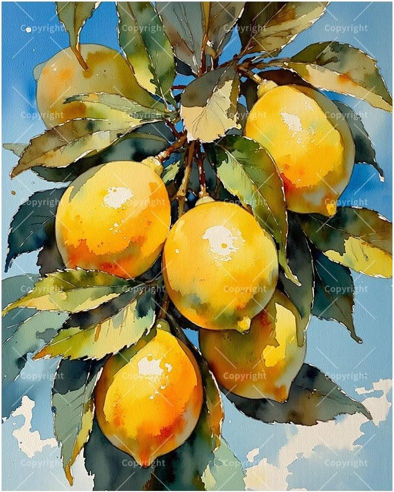 Citrus Paint by Numbers Kit for Adults - DIY Vibrant Yellow Lemons Hanging from a leafy branch Painting on Canvas 16x20In, Framed Acrylic Paint Set for Beginners, Fruit Art for Home Decoration/Gifts