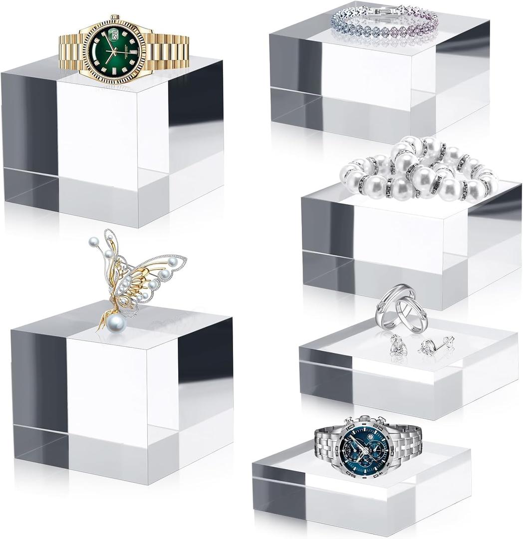 Geelin 3 Pcs Acrylic Risers Stands Display Block Clear Polished Acrylic Cube Solid Display Pedestal Stand Square for Small Jewelry Perfume Photography Collection Food Doll Wedding Christmas 3 Size