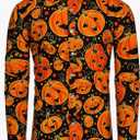 TUNEVUSE Men Halloween Shirts Adult Pumpkin Print Long Sleeve Casual Button Down Shirt Costumes Size 3XL