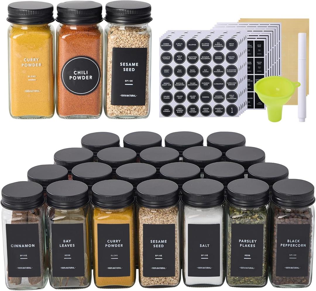 24 Glass Spice Jars with 576 Labels-Spice Jars with Black Metal Caps, 4oz Empty Square Spice Containers with Shaker Lids, Funnel, Pen, Seasoning Bottles for Spice Rack, Drawer, Cabinet
