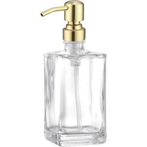 13.5 Oz Clear Glass Soap Dispenser with Rust Proof Stainless Steel Pump, Antique Design Refillable Square Lotion Dispenser for Bathroom, Premium Kitchen Hand Soap