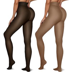 Vertvie 2 Pairs Fleece Lined Tights Women Crotch One Seam Line Warm Sheer Pantyhose Fake Translucent Thermal Thick Leggings (Large-X-Large, Black Sheer-skin + Coffee Sheer-skin)
