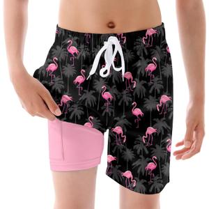 westwolf Boys Swim Trunks with Compression Liner Kids Bathing Suit 6-18 Years Swimwear (Black)