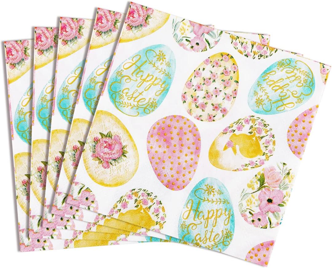 50 Pack Happy Easter Paper Napkins Colored Egg Napkins Spring Floral Beverage Napkins Bunny Egg Cocktail Napkins Home Family Dinner Holiday Easter Party Supplies 6.5 x 6.5 Inches