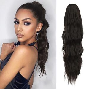 FESHFEN Ponytail Extensions, Long Claw Clip in Ponytail Hairpiece Synthetic Pony Tails Hair Piece Natural Wavy Hairpieces for Women, 20 inch Black Brown
