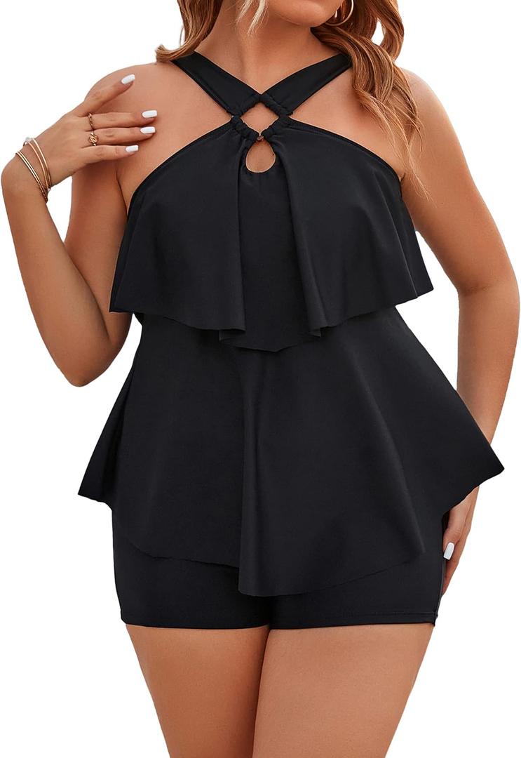 Blooming Jelly Womens Plus Size Tankini Swimsuits Two Piece Bathing Suits Tummy Control Flounce with Shorts (XX-Large, Black)