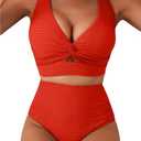 Herseas Textured 2 Piece Bikini Sets for Women Twist Front High Waisted Push Up Swimsuits Ladies Sexy Bathing Suits Flattering Beach Vacation Clothes Fiery Red Medium