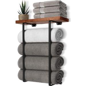 Towel Racks for Bathroom Wall Mounted with Wooden Shelf Bath Towel Holder for Rolled Towels Metal Towel Storage Organizer for Small Bathroom Decor or RV Camper Black