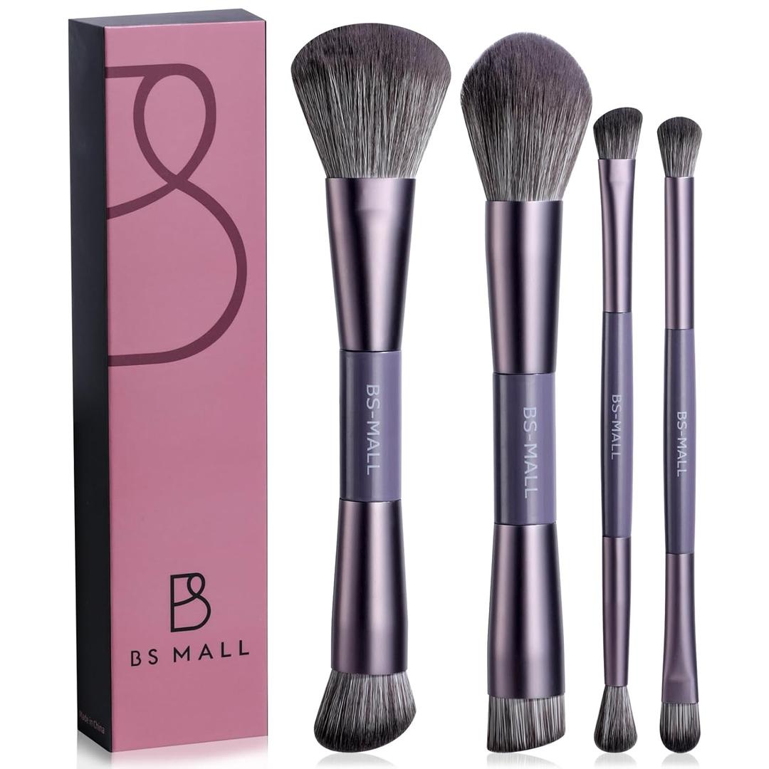 BS-MALL 4 Pcs Portable Double-ended Makeup Brush Set - Luxury Eyeshadow Brush, Concealer Brush, Blush brush & Foundation brush for Lightweight Multi-purpose Daily Use (Purple)