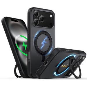 for iPhone 17 Pro Max Case 6.3-Inch with Magnetic 360 Ring Stand Compatible with MagSafe Frosted Matte Shockproof Protective Phone Cover 6.9" 2025, Black