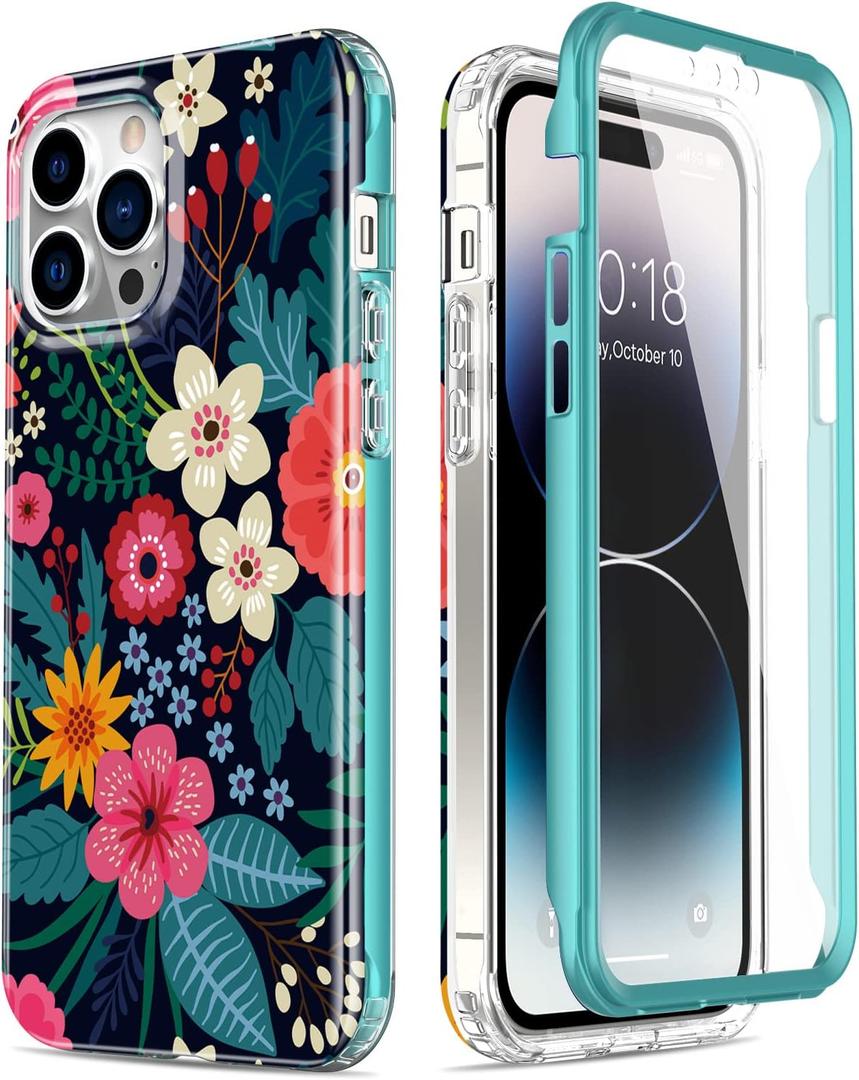 Esdot for iPhone 14 Pro Case with Built-in Screen Protector,Military Grade Rugged Cover with Fashionable Designs for Women Girls,Protective Phone Case 6.1" Blooming Flowers