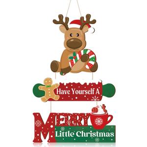 TOARTi Merry Christmas Reindeer Front Door Hanging(11.2x16inches), Vintage Xmas Deer Gingerbread Hot Cocoa Wooden Wall Decor, Rustic Farmhouse Welcome Sign for Home Kitchen Office