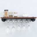 Industrial Wine Rack Wall Mounted with 5 Glass Holder,Wine Glass Rack Floating Wine Glass Shelf, 24 in Pipe Shelving Hanging Wood Shelves