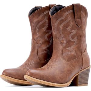 IXU Cowboy Boots for Women Wide Suede Ankle Western Cowgirl Boots Mid Calf Pointed Toe Short Chunky Classic Booties (Brown), Size: 8