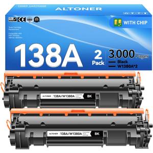 138A Toner Cartridge 2-Pack W1380A Black (with Latest Chip)  High-Capacity Replacement Compatible for HP Laser Jet Pro 3001dw 3001fdw MFP 3101fdw 3101sdw 3,000 Page Yield | 138A Monochrome