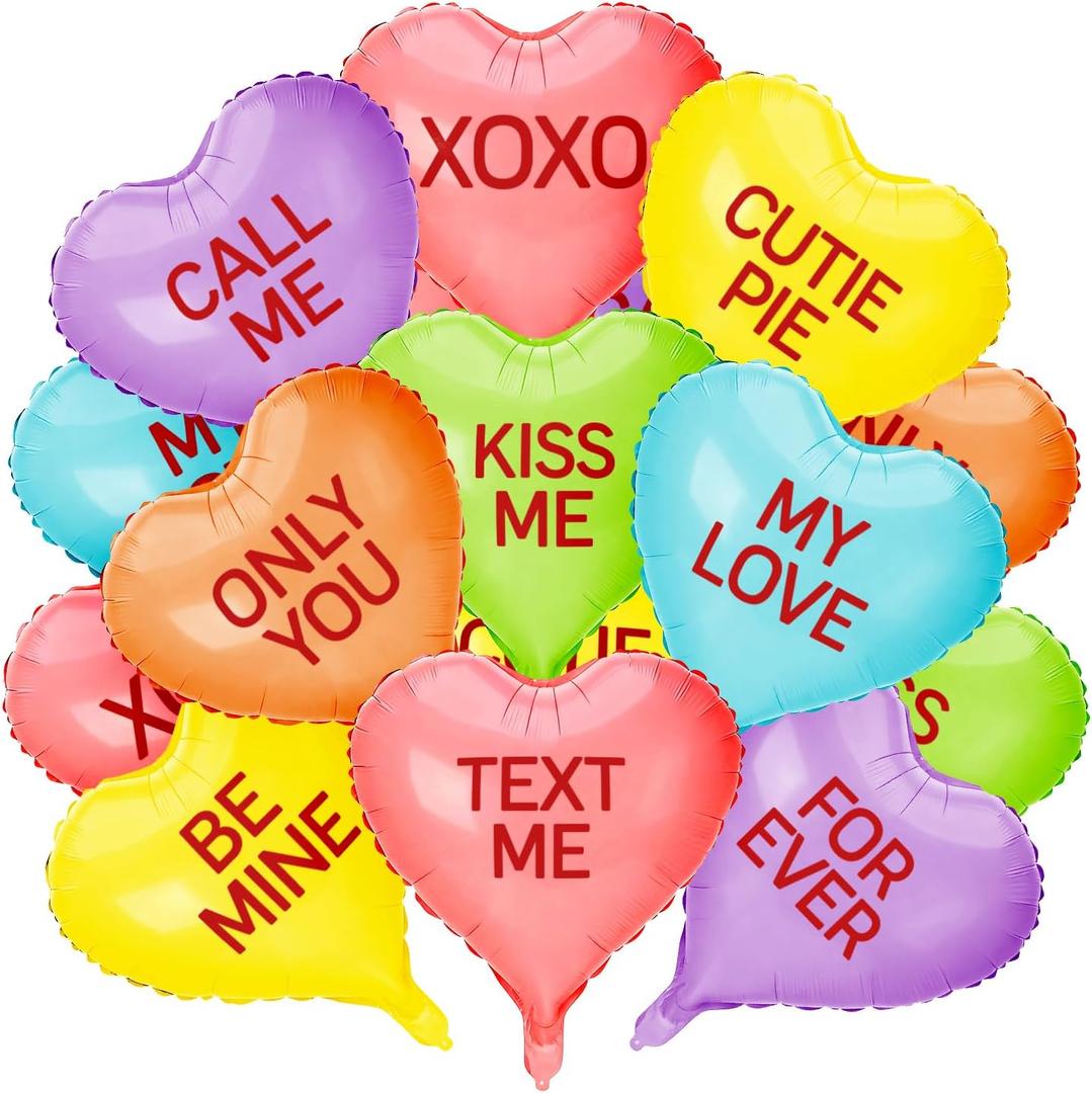 18 Pcs Valentine's Day Decorations Heart Shaped Balloons, 18 Inch Colorful Foil Candy Heart Balloons XOXO LOVE BE MINE Conversation Heart Helium Balloon for Valentines Galentine's Day Party Decor (Green, Orange, Yellow, Purple, Pink, Blue)