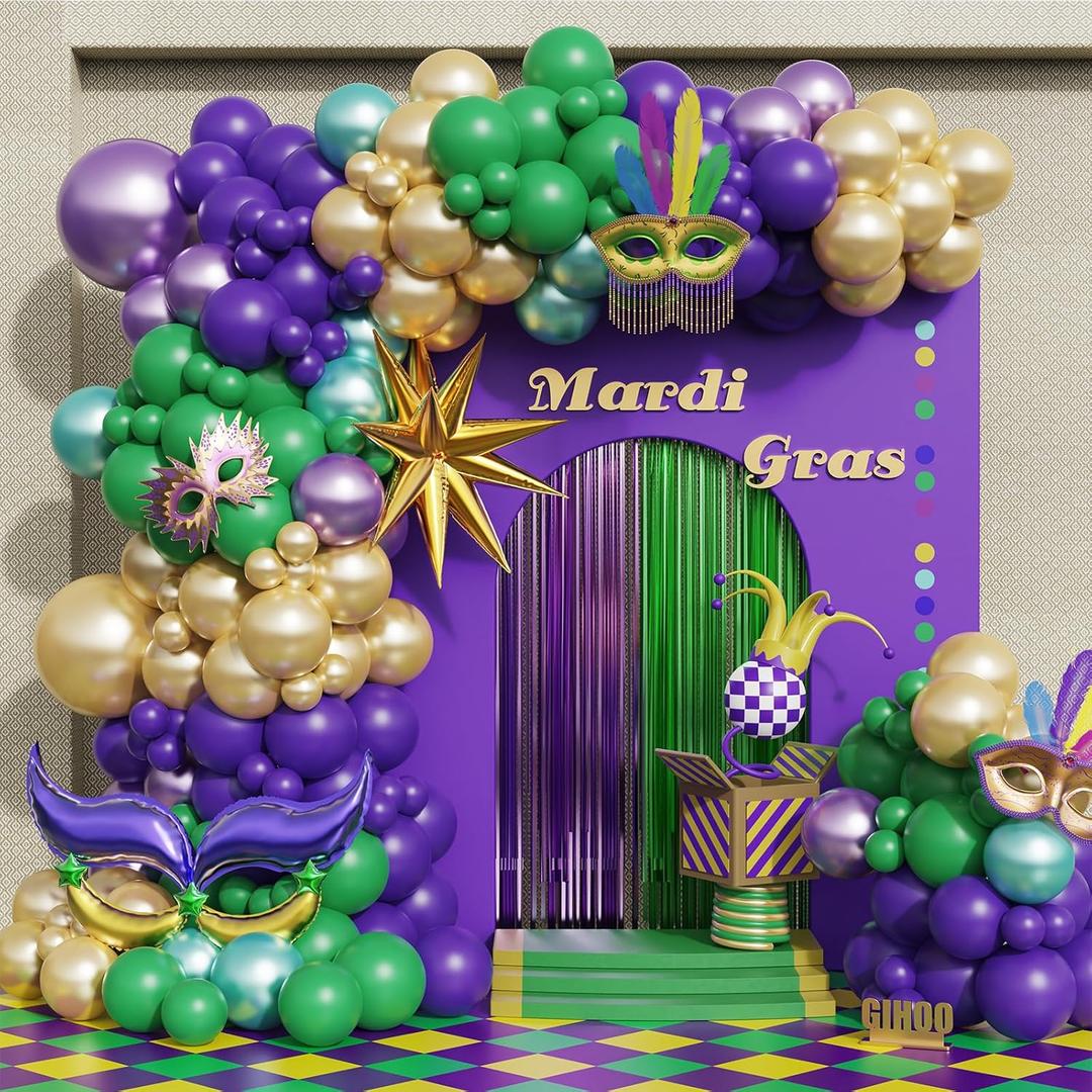 Mardi Gras Balloon Garland Arch Kit 170Pcs Purple Green and Gold Balloons with Mask Sign Foil Balloon for New Orleans Fat Tuesday Masquerade Party Decorations