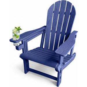 Adirondack Chair with Cup Holder,Tool-Free Assembly,No Screws Needed,All-Weather HDPE Plastic Outdoor Patio Chair,Wood-Grain Slatted Look,Easy to Take Apart for Storage,Fire Pit ChairsNavy blue