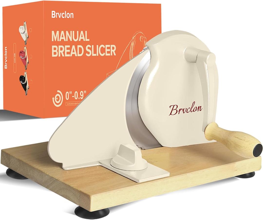 Manual Bread Slicer for Homemade Sourdough Bread, Adjustable Thickness&Evenly Slicing, Hand Crank Bread Slicer with Scale Line and Suction Cup, Serrated Blade Design, Patent:USD105861 (Cream)