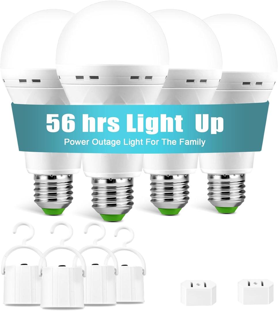 4 Pack Rechargeable Emergency Light Bulbs, Battery Powered LED Light Bulb 6000K Daylight E26 12W 60W Equivalent with 1500mAh for Home Power Outage Camping Hiking (4 Bulbs, 4 Hooks, 2 Plug Caps)
