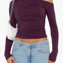 Darong Women's Casual Long Sleeve Boat Neck Off Shoulder Slim Fit Crop Top Going Out Blouses Y2K Tight Shirts Large