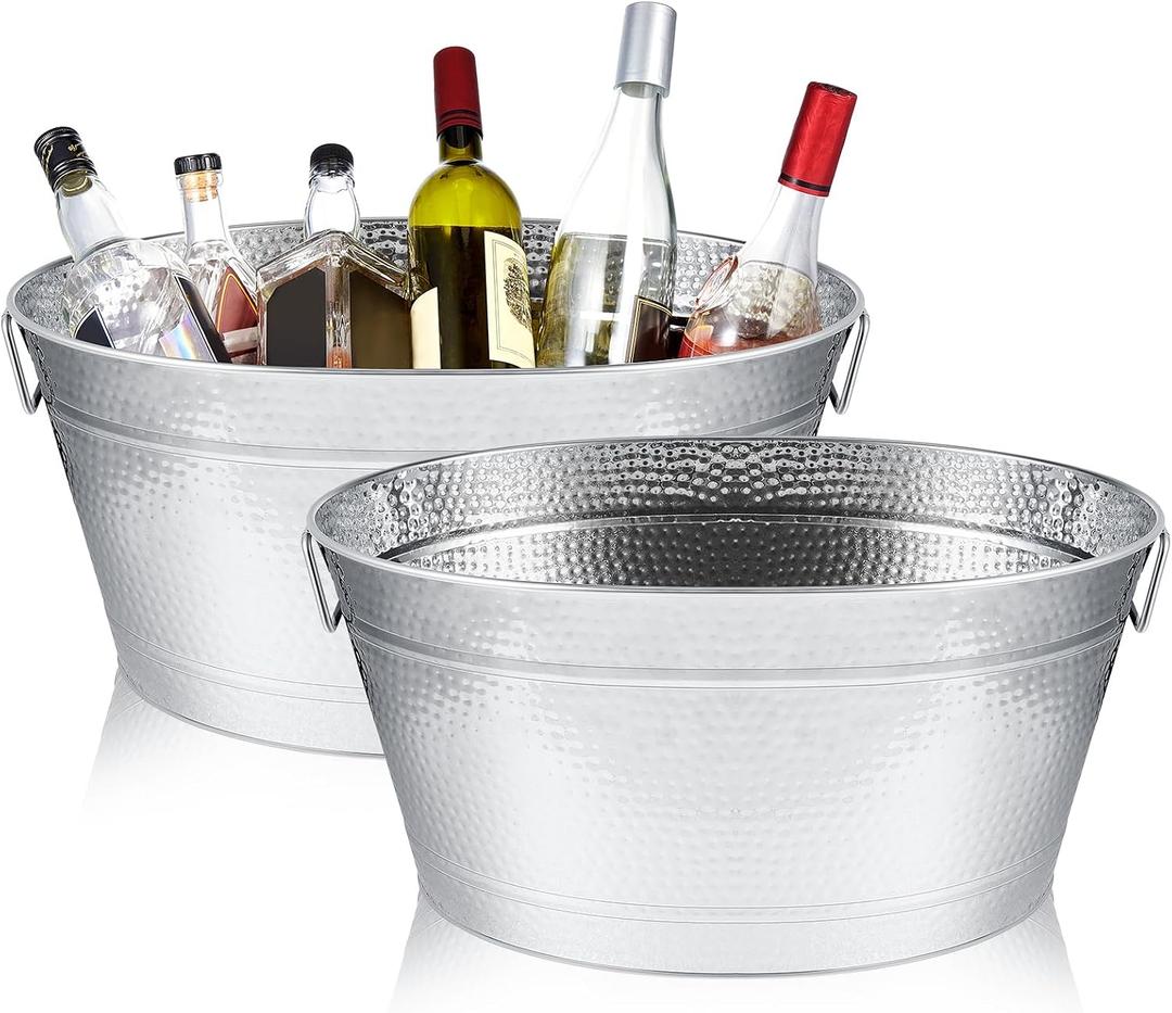 Uiifan 2 Pcs 24 Quart 6 Gallon Hammered Stainless Steel Beverage Tub Heavy Duty Oval Metal Large Ice Bucket for Drinks Bucket Cooler Ice Container for Bar Wedding Parties Anniversary Wine (Silver)