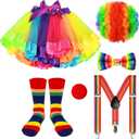 6 Pcs Kids Clown Rainbow Costume Set Include Tutu Skirt Socks Wig Nose Bow Shoulder Strap for Carnival Party (8-12 Years)