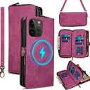 Rssviss Wallet Case for iPhone 16 Pro Crossbody with Card Holder Wrist Strap, Flip Zipper Case Compatible with Magsafe, RFID Blocking Purse Cover for iPhone 16 Pro Women Men 6.3 inch Hotpink