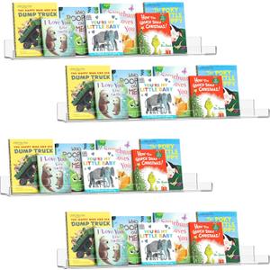 HBlife 36 Inches Invisible Wall Floating Bookshelf for Kids and Nursery, 16 Inch Stud Spacing Clear Acrylic Shelves for Figures, 4 Pack (5MM Thick)
