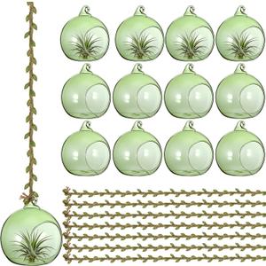 13 Pcs 3.15'' Hanging Glass Candle Holder with Burlap Leaf Ribbon, Glass Orbs Air Plants Tea Light Candle Holders, Globe Plant Terrariums for Decor Indoor Outdoor Garden DIY (Green)