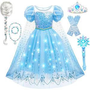 G.C Girls Light Up Princess Dress Up Costume with Cape Kids Toddler Wig Crown Wand Toys Outfit Halloween Cosplay Gifts (120 4-5 years)