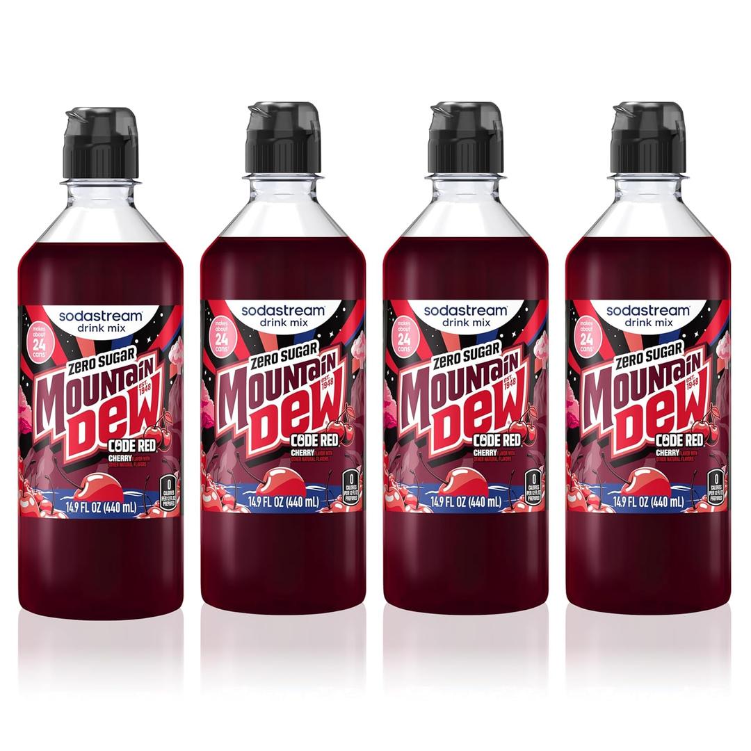 SodaStream MTN Dew Code Red Zero New Pour Bottle Drink Mix 14.9 Fl Oz (Pack of 4) (EXP 01/25/27)