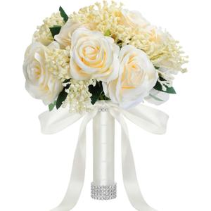 Janinka 10 Inch Large Wedding Bouquets for Bride Bridesmaid Artificial Rose Flowers Paired with Silk Ribbon and Rhinestones Bridesmaid Bouquet for Proposal Party Church Decoration(Champagne,Rose)