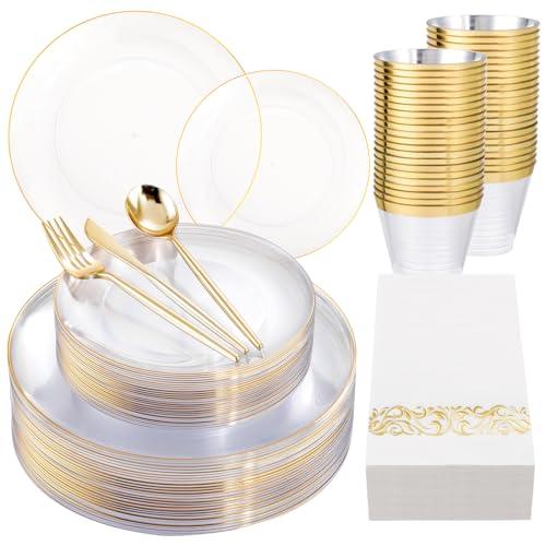 MirthMood 210Pcs Clear and Gold Plates for 30 Guests, Plastic Plates for Party, Includes:30 Dinner, 30 Dessert, 30 Paper Towels with 90 Silverware & 30 Cups