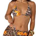 Verdusa Women's 4 Piece Cheetah Print Triangle Thong Bikini with Sheer Overlay Cheeky Swimsuit with Skirt and Bandana Orange Medium