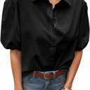 Tankaneo Women's Button Down Shirts Short Puff Sleeve Collared Dressy Casual Blouse Tops, Medium, Black