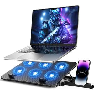 Laptop Cooling Pad, Laptop Cooler 6 Quiet Fans for 12"-17" Laptops, Gaming Laptop Fan Cooling Pad with 5 Height Adjustable, Slim Portable USB Powered, 2 USB Ports & Phone Holder