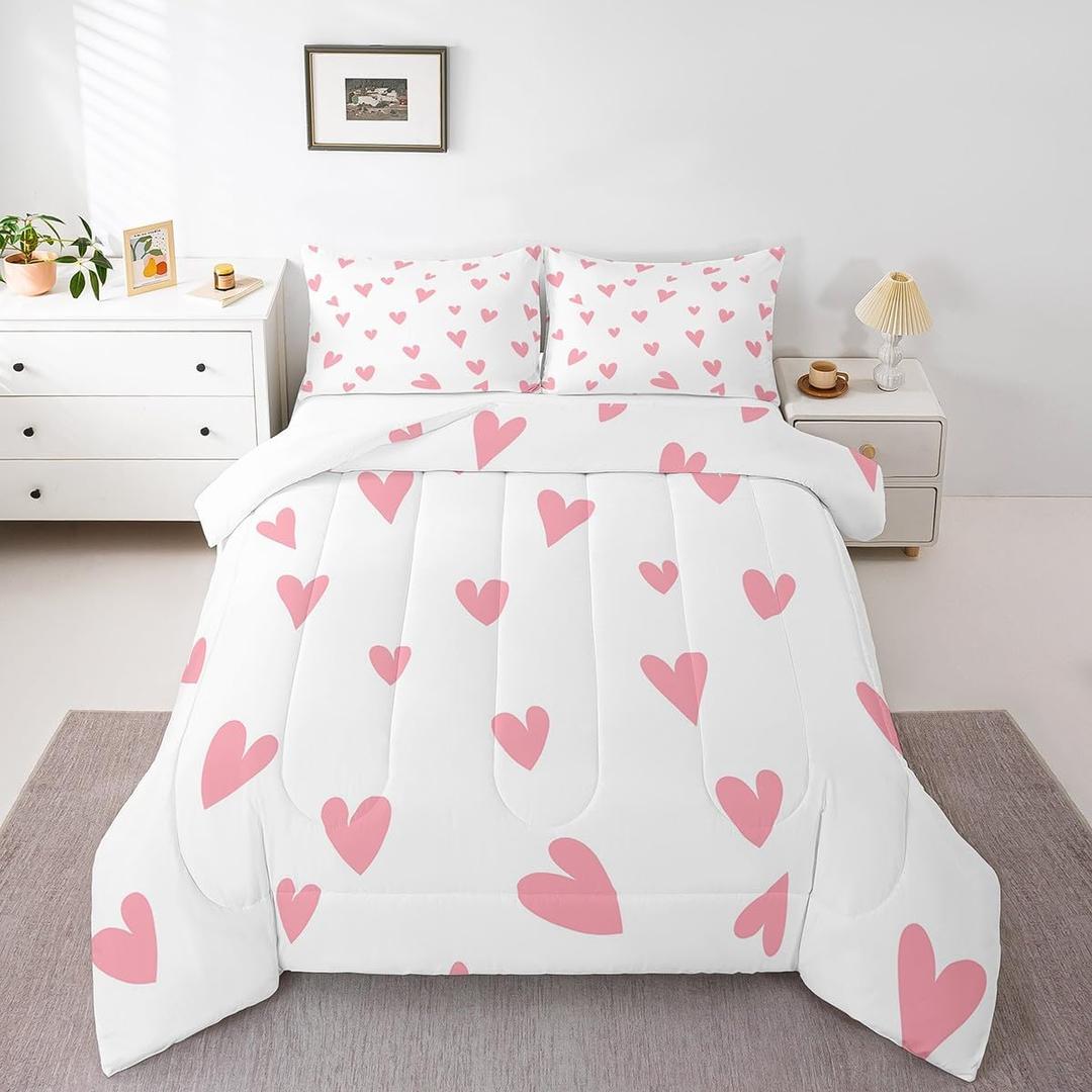 Feelyou Girls Cute Love Heart Comforter Set Kids Lovely Warm Sweet Comforter Love Heart Pattern Bedding Set Breathable Valentine's Day Pink Duvet Set Room Decor Quilt Set Full Size (Multi 12)